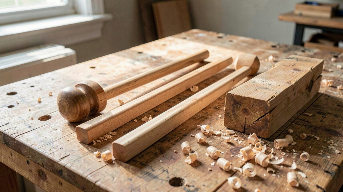 A workbench in daylight with three handle blanks side by side, a short boxwood mallet head, a straight ash shaft and a thick oak block, wood shavings on the bench top, shot from slightly above at a low angle.