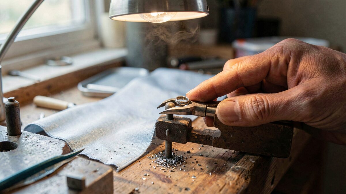 A jeweler's bench at close range, a half-set ring held in a ring clamp under a bench lamp, a strip of silk fabric and a thumb resting beside the claw tips, metal filings on the bench pin.