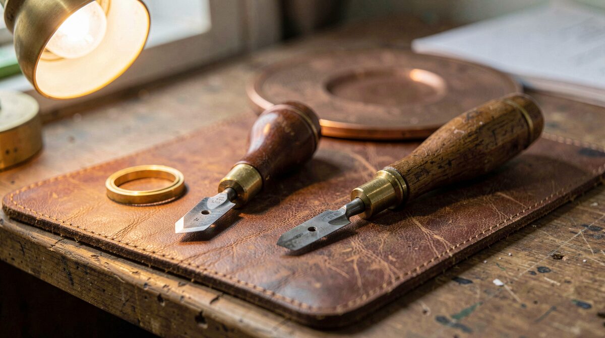 A burin and a setting graver lying side by side on a worn leather bench pad, their ground points angled toward the camera, a copper plate and a half-set gold bezel just behind them, lit by a single warm bench lamp from the left.