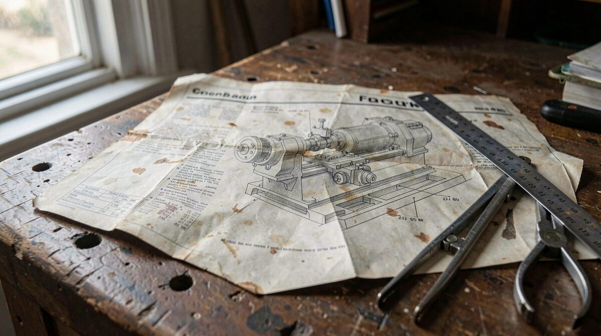 A worn manufacturer's tool catalogue open flat on a workbench, its fold-out plate showing a sectioned lathe headstock, beside a steel rule and a pair of dividers, lit by a single window from the left.